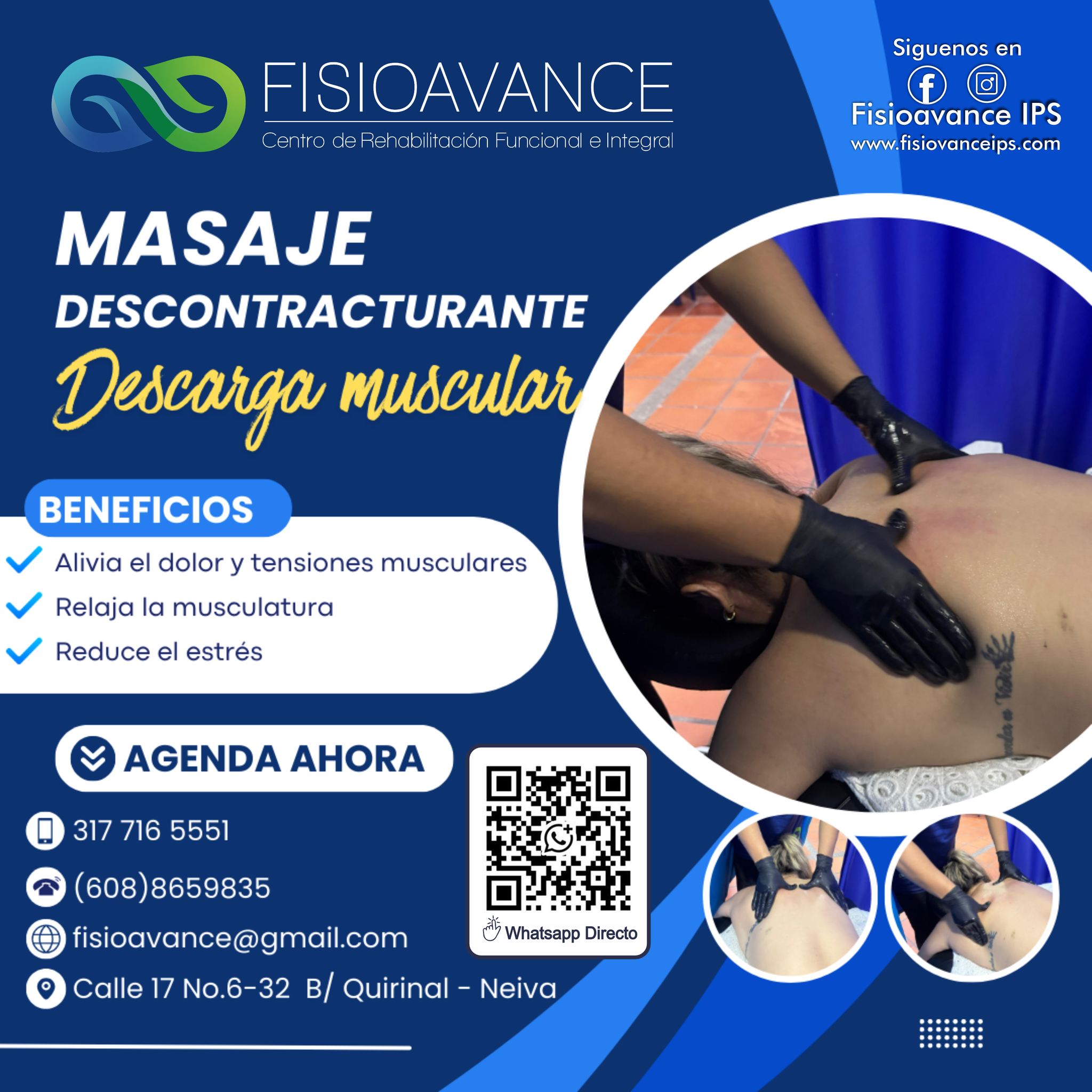 Te mereces una vida libre de dolores
Contamos con todo los tratamientos para ayudarte a eliminar todos los dolores de tu vida.
Nuestro equipo de profesionales está altamente capacitado para ayudarte a mejorar tu estilo de vida.

Visítanos y deja tus dolores y molestias en nuestras manos.

WhatsApp en el siguiente link: https://wa.me/+573012416898
Agenda tu cita 📲 3012416898

Ubicación Calle 17 # 6-32 barrio Quirinal. Neiva

Página web www.fisioavanceips.com

#fisioavance #fisioterapianeiva #contracturas #liberacionmiofascial #masajes #aliviodolor #migrañas #masajes #dolor ##relajaciónmuscular #descontracturante  #lesionesdeportivasyrehabilitación #terapiafisica #neivahuila #Quiropraxia #quiropractico
#Neiva #fisioterapeuta #huilacolombia #saludneiva #doloresmusculares