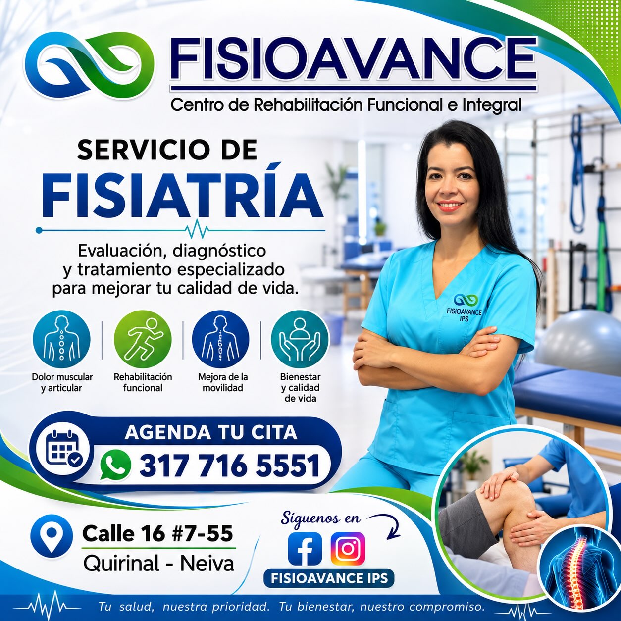 🩺 Consulta por Fisiatría en FISIOAVANCE
La fisiatría es una especialidad médica enfocada en la prevención, diagnóstico y tratamiento de condiciones que afectan el movimiento, la función física y la calidad de vida.
En FISIOAVANCE IPS, la consulta por fisiatría permite realizar una valoración integral para identificar el origen de las molestias y establecer un plan de rehabilitación personalizado.
Beneficios de la consulta:
* ✅ Evaluación médica especializada del dolor y las limitaciones físicas.
* ✅ Identificación de alteraciones musculares, articulares y neurológicas.
* ✅ Orientación sobre el tratamiento y proceso de rehabilitación.
* ✅ Diseño de un plan de recuperación según las necesidades de cada paciente.
* ✅ Seguimiento de la evolución y funcionalidad.
* ✅ Prevención de complicaciones y recuperación de la independencia.
FISIOAVANCE IPS
📍 Calle 16 #7-55, Quirinal – Neiva
📞 Citas: 317 716 5551
📲 Síguenos en Facebook e Instagram: FISIOAVANCE IPS
Agenda tu cita 📲 3012416898 o por WhatsApp en el siguiente link:
https://wa.me/+573012416898
¡Agenda tu cita y da el primer paso hacia una mejor calidad de vida!
#fisiatria #fisiatrianeiva #fisioavance #medicinafisicayrehabilitación