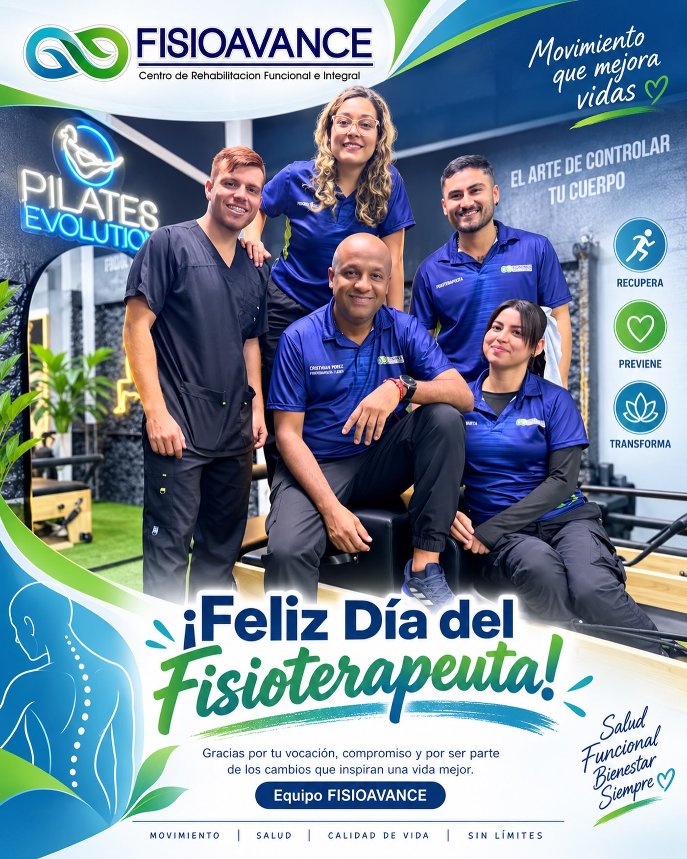 En FISIOAVANCE celebramos a quienes, con conocimiento, vocación y compromiso, ayudan a recuperar el movimiento, aliviar el dolor y mejorar la calidad de vida de cada paciente.
Hoy reconocemos la dedicación de nuestros fisioterapeutas, profesionales que acompañan cada proceso con empatía, disciplina y pasión, transformando pequeños avances en grandes logros.
💙💚 ¡Feliz Día del Fisioterapeuta!
Gracias por ser parte esencial de FISIOAVANCE y por poner cada día el movimiento al servicio de una vida mejor.
FISIOAVANCE
Movimiento, salud y bienestar.