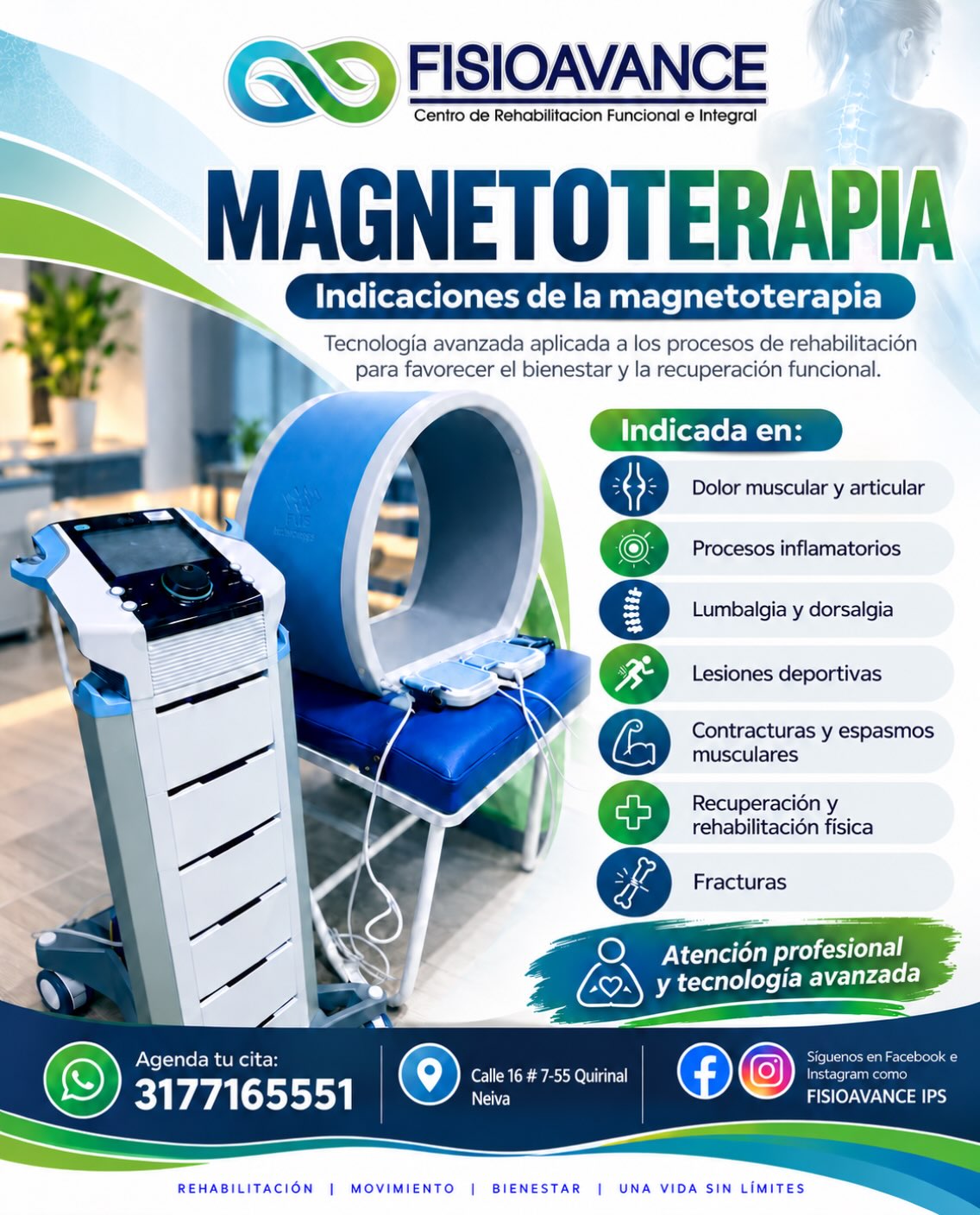 💙 FISIOAVANCE IPS | TECNOLOGÍA AVANZADA PARA TU REHABILITACIÓN 💙
✨ MAGNETOTERAPIA PREMIUM BTL: INNOVACIÓN AL SERVICIO DE TU BIENESTAR ✨
En FISIOAVANCE IPS trabajamos por tu recuperación y calidad de vida, incorporando tecnología avanzada como la magnetoterapia premium BTL, una alternativa terapéutica no invasiva que utiliza campos magnéticos para complementar los procesos de rehabilitación física.
💙 ¿POR QUÉ ES IMPORTANTE LA MAGNETOTERAPIA?
La magnetoterapia puede utilizarse como complemento de la fisioterapia convencional para favorecer la recuperación funcional y apoyar el manejo de determinadas afecciones musculoesqueléticas.
✅ PRINCIPALES INDICACIONES:
🦴 Fracturas óseas: puede contribuir a estimular la consolidación ósea en determinados casos, especialmente cuando existen dificultades de cicatrización, bajo indicación médica.
💪 Lesiones musculoesqueléticas: apoyo complementario en algunos procesos de rehabilitación de músculos, tendones y articulaciones.
🦵 Dolor articular y artrosis: puede considerarse como terapia complementaria para el manejo de molestias y la recuperación funcional.
🌿 Procesos inflamatorios: su posible utilidad depende de la lesión y de la valoración profesional.
🚶 Rehabilitación física: puede integrarse a programas personalizados orientados a recuperar movilidad, funcionalidad y bienestar.
⭐ ¿POR QUÉ ELEGIR FISIOAVANCE IPS?
Porque tu recuperación merece atención profesional, tratamientos individualizados y tecnología de calidad.
En FISIOAVANCE IPS contamos con magnetoterapia premium BTL, acompañamiento profesional y un enfoque integral para ayudarte a avanzar en tu proceso de rehabilitación.
📲 ¡AGENDA TU CITA Y DA UN PASO HACIA TU RECUPERACIÓN!
📞 WhatsApp: 317 716 5551
👉 https://wa.me/573177165551
📍 Calle 16 # 7-55, barrio Quirinal, Neiva, Huila.
📱 Síguenos en Facebook e Instagram: FISIOAVANCE IPS
#magnetoterapiabtl #fisioterapianeiva #saludneiva #fisioavance